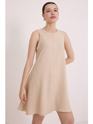 Bigdart Kadın Bej Mini Keten Elbise 2491