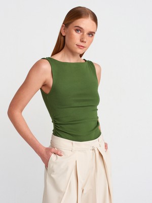 Dilvin 31589 Büzgülü Kayık Yaka Top-Koyu Haki