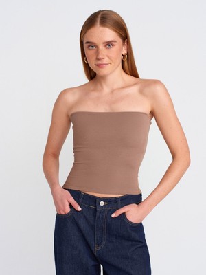Dilvin Kolsuz Crop Top Vizon Pamuklu Bisiklet Yaka Günlük Kullanım