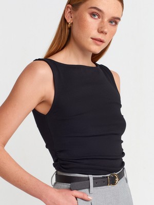 Dilvin 31589 Büzgülü Kayık Yaka Top-Siyah