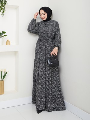 Düğme Detaylı Çiçekli Viskon Elbise - Siyah / E0123