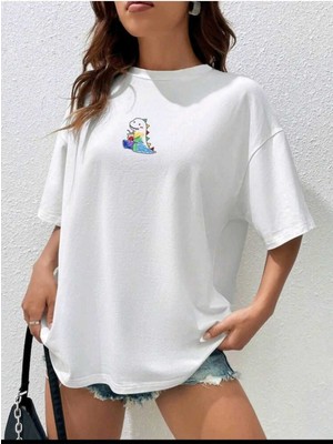 Woodroffe Kadın / Kız Minimal Sevimli Dinazor Baskılı Beyaz Oversize Salas T-Shirt Boyfriend