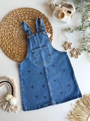 Kız Çocuk Kot Kumaş %100 Pamuk Kurdele Baskılı Ayarlanabilen Askı Cepli Salopet Jile Denim Elbise