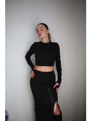 Basic Düz Renk Maxi Etek Crop Kazak Takım