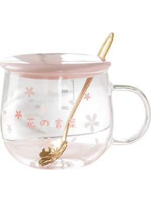 Noble1 400ML Cam Kahve Kupa Sevimli Şeffaf Isıya Dayanıklı Su Bardağı Saplı Kapaklı Kaşık, C (Yurt Dışından)