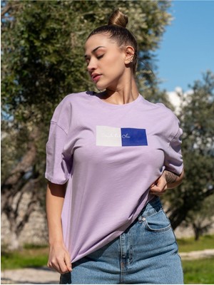Kadın Oversize Fit Bisiklet Yaka Baskılı Kısa Kollu T-Shirt
