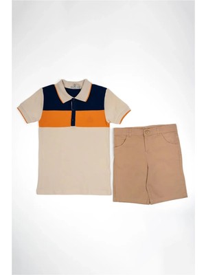 Adisia Erkek Çocuk Krem Turuncu Lacivert Şerit Detaylı Yazlık Polo Yaka Tişört Şort Takım
