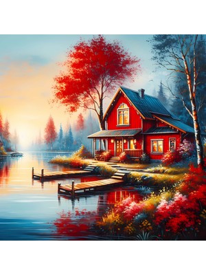 Aden Dekoratif Güzel Manzara ve Kırmızı Ev Kanvas Tablo