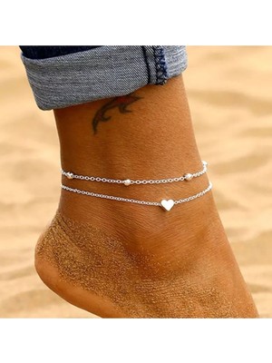 Gümüş Renk Kararmaz Kalp Detaylı 2'li Halhal