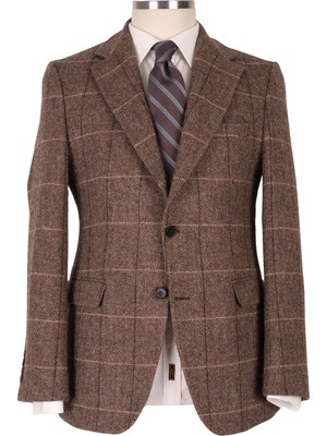 Blu Klasik Ceket Erkekler İçin %100 Yün Dokuma Kahverengi Mono Yaka Regular Kalıp