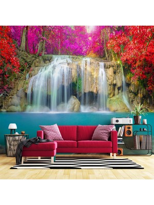Şelale Kırmızı Çiçek Duvar Kağıdı Baskı