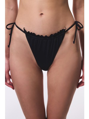 Siyah Super Frill Bağlamalı Düşük Bel Bikini Altı