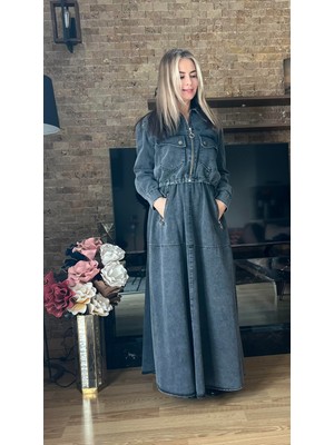 Premium Denim Kot Jile Elbise ve Ceket Ikili Takım Ikili Denim Ceket Elbise Takım