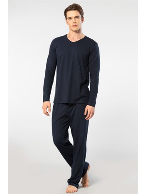 Cacharel Erkek V Yaka Uzun Kollu Modal Pijama Takimi 2237/Lacivert