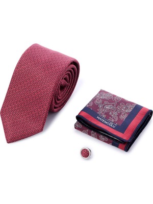 Bordo Kravat Mendil ve Yaka Rozeti 3'lü Set