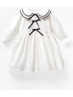 Magu Kız Çocuk Beyaz Bebe Yaka Fiyonk Desenli Elbise