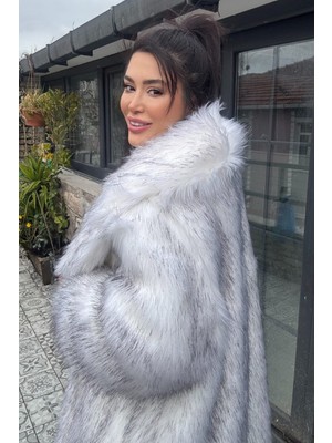 Premium Ingiliz Yaka Mob Wife Suni Kürk Maxi Kadın Kaban