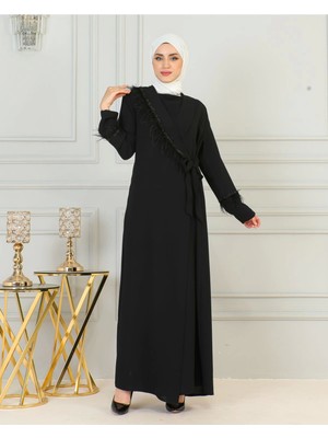 Taş ve Püskül Detaylı Ferace- Siyah
