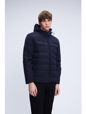 Lacivert Regular Fit Hakim Yaka Kapüşonlu Kaban