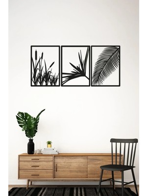 3'lü Lazer Kesim Dekoratif Ahşap Sazlık Tablo - 98X25 cm (Her Biri 18X25 Cm)