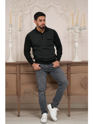 Woolen World Polo Yaka Cepli Armürlü Yünlü Erkek Triko Kazak