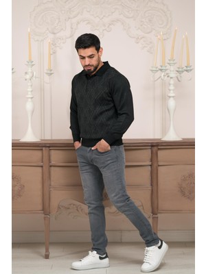Woolen World Polo Yaka Desenli Yünlü Erkek Triko Kazak