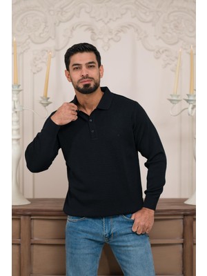Woolen World Polo Yaka Düz Renk Yünlü Erkek Triko Kazak