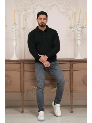 Woolen World Polo Yaka Düz Renk Yünlü Erkek Triko Kazak