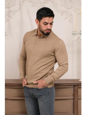 Woolen World Polo Yaka Slimfit Desenli Yünlü Erkek Triko Kazak