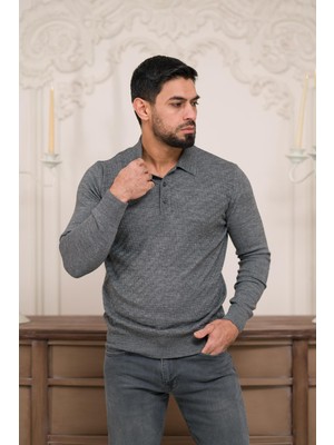 Woolen World Polo Yaka Slimfit Desenli Yünlü Erkek Triko Kazak