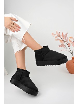 Eformoda Siyah Kadın Kalın Tabanlı Içi Kürklü Bilekte Kısa Bot UG04