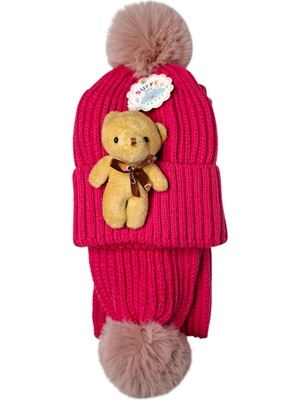 Spteks Suffe Kız Çocuk Pembe Renk Ayıcık Figürlü Ponponlu 2'li Örme Atkı Bere Set