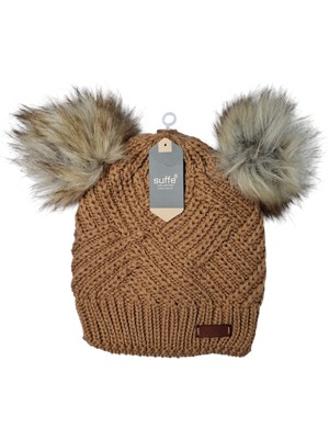 Spteks Suffe Bayan Kahverengi Çift Ponpon Örme Klasik Kışlık Bere