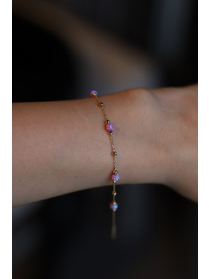 Yenigün Kuyumculuk 14 Ayar Altın Pembe Opal Detaylı Zincir Bileklik
