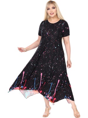 Melsay Butik Siyah Renkli Reflektör Desen Asimetrik Kısa Kollu Elbise