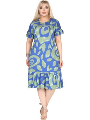 Melsay Butik Kadın Büyük Beden Eteği Fırfırlı Mavi Nazar Desen Cepli Elbise