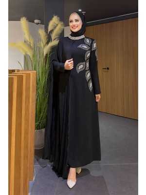 Taş Detaylı Pelerinli Elbise 3938 Siyah