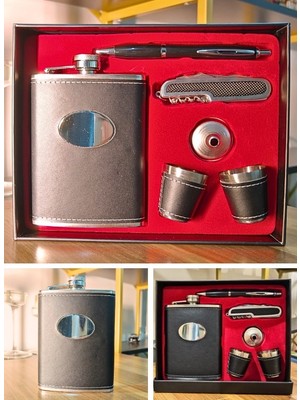 Deco Elit Çelik Matara Hediye Seti Deri Kaplamalı 2 Shot Bardaklı Çok Işlevli Çakı ve Kalemli Içki Konyak Matarası