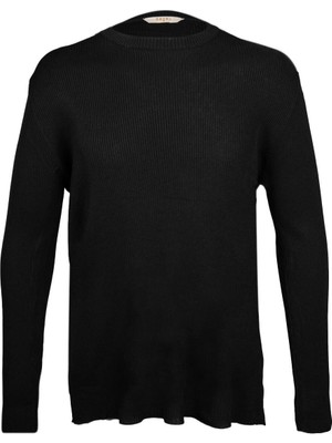 Siyah Regular Fit Bisiklet Yaka Fitilli Triko Kazak