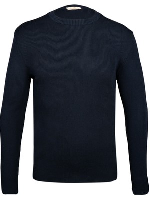 Lacivert Regular Fit Bisiklet Yaka Fitilli Triko Kazak