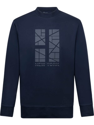 Lacivert Regular Fit Baskılı Pamuklu Bisiklet Yaka Sweatshirt