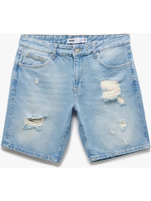 Koton Pamuklu Yırtık Detaylı Bermuda Slim Fit Jean Şort