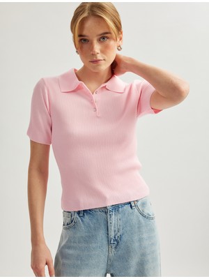 Koton Kısa Kollu Düğmeli Ince Triko Kadın Polo Yaka Kazak