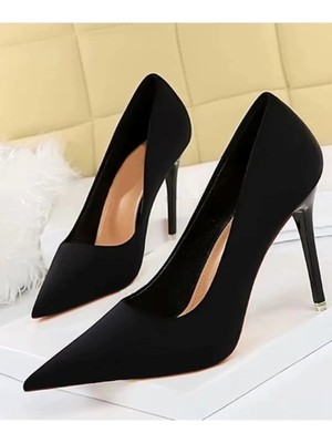 Trendy Anka Kadın Siyah Süet 8cm Ince Şeffaf Kapak Topuklu Stiletto Ayakkabı