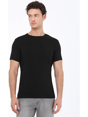 Siyah Bisiklet Yaka Pamuk Karışımlı T-Shirt