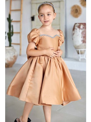 Kız Çocuk Yakası Taş Şerit Işlemeli Şeffaf Tül Detaylı Balon Kollu Kahverengi Saten Abiye