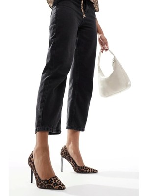 Trendy Anka Kadın Leopar Hayvan Desenli 8 cm Ince Siyah Topuklu Stiletto Ayakkabı