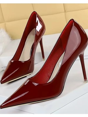 Trendy Anka Kadın Siyah Rugan 8cm Ince Şeffaf Kapak Topuklu Stiletto Ayakkabı