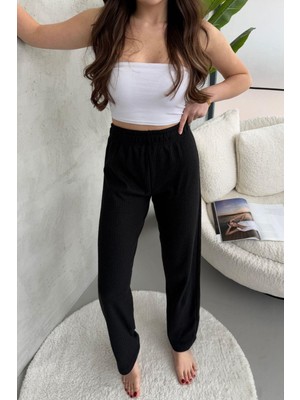 Kadın Siyah Yüksek Bel Fitilli Bol Paça Günlük Ince Eşofman Altı Pijama