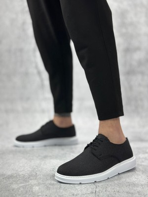 BA0003 Bağcıklı Klasik Spor Keten Siyah Beyaz Taban Casual Erkek Ayakkabı